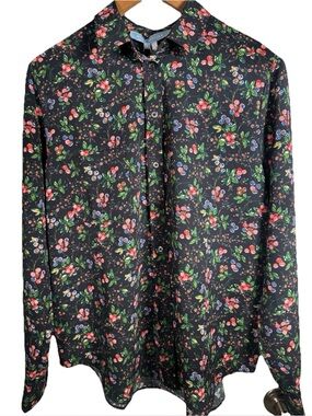 Hill House Home Malone Top Sz Med Blue Berry Floral Crepe Button Up Longsleeve
